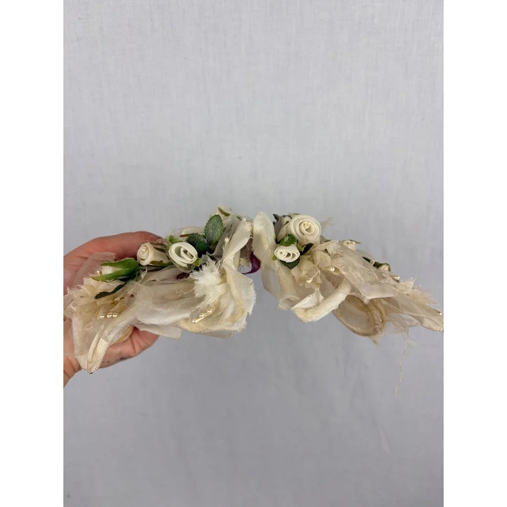 Vintage Cream Floral Tulle Headpiece Faux Pearl Velvet Bridal Fascinator Hat